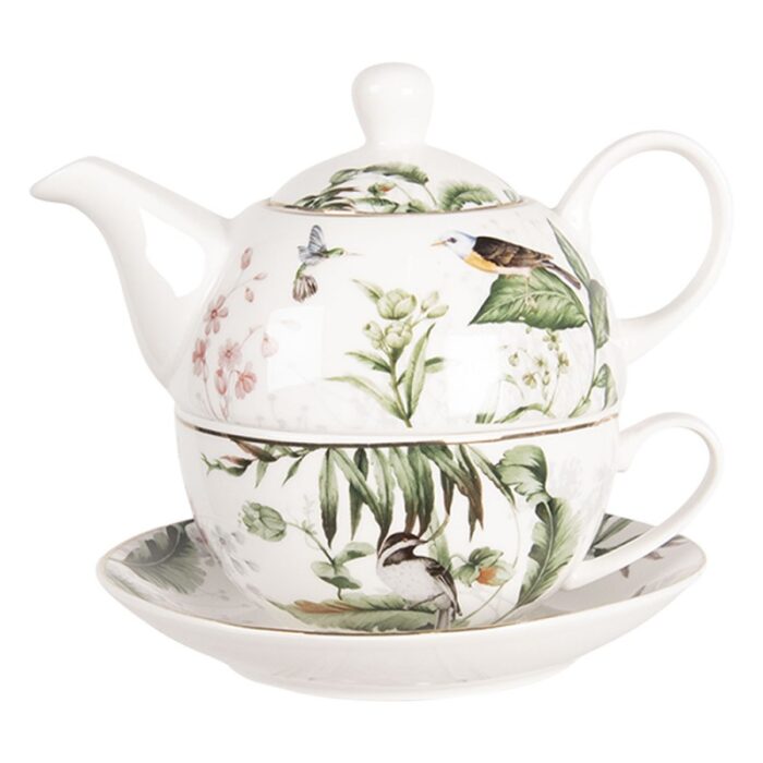 tea for one 460 ml white green porcelain birds theepot set