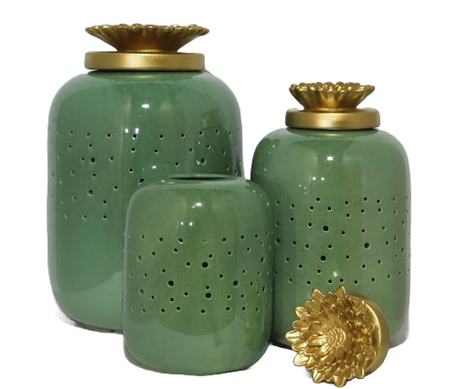 decorative-jar-golden-color-lid-water-lily-fower-ceramics
