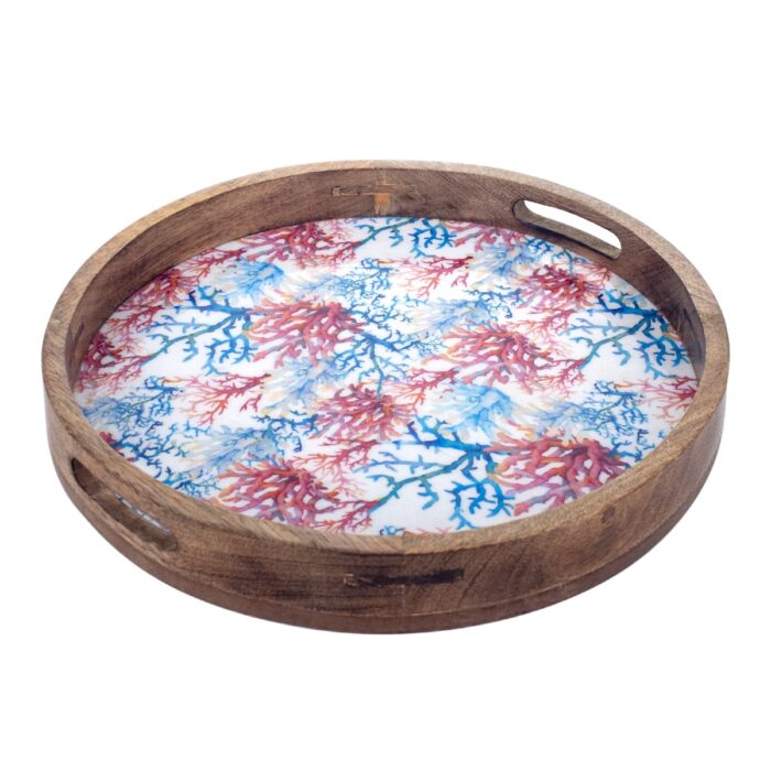 Wooden-tray-round-coral-decoration-red-blue-white