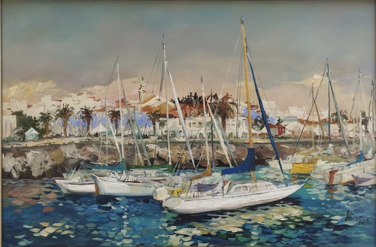 Alisa-Aidarova-lagos-40 -x-60-cm-sailing -boats-oil-on-canvas-figurative-art-algarvian-art-memories-blue-sea-harbour-