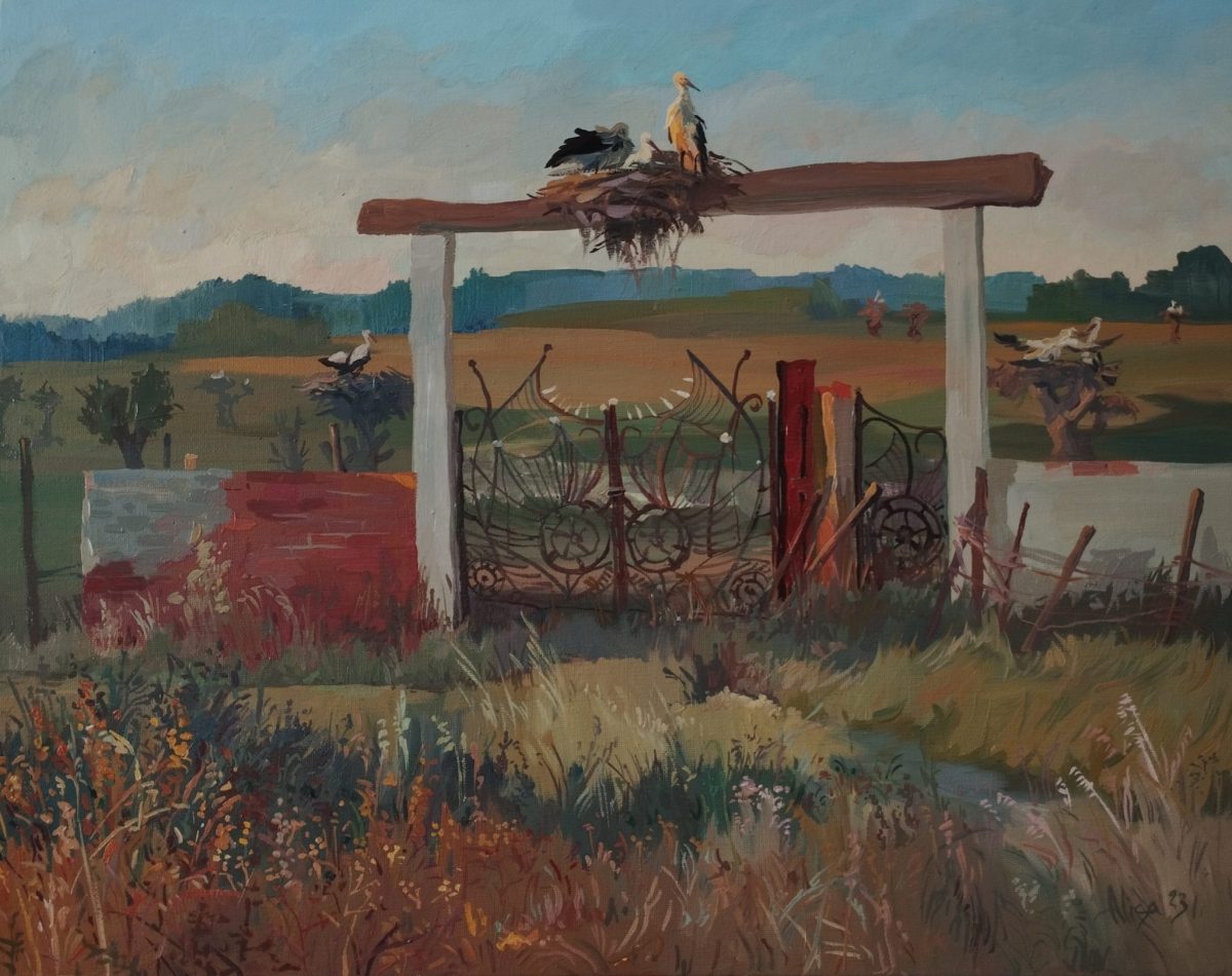 alisa-aidarova-sunrise-odiáxere-40×50cm-oiloncanvas-oncardboard-1800euro-red-green-cranebird-odiáxere-Portuguesefarm-algarvianart-algarve-fauna-farmhouse