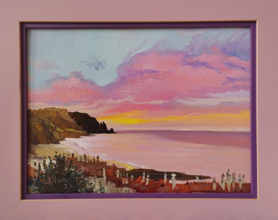 alisa-aidarova-pink-cloud-praiadaluz--30x40cm-oil-on-canvas on-cardboard-900-euro-sunset-blackrock-beach-village