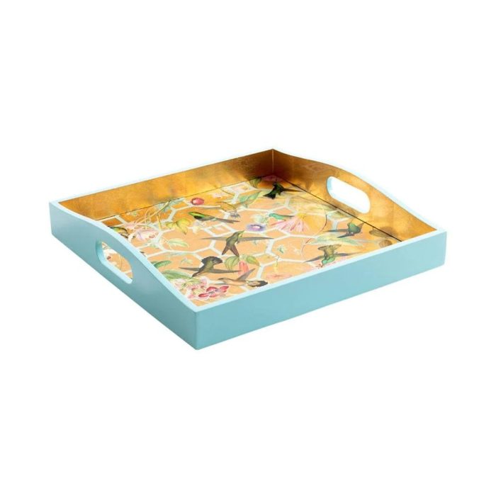 Caspari-lacquer-square-tray-blue-gold-hummingbird