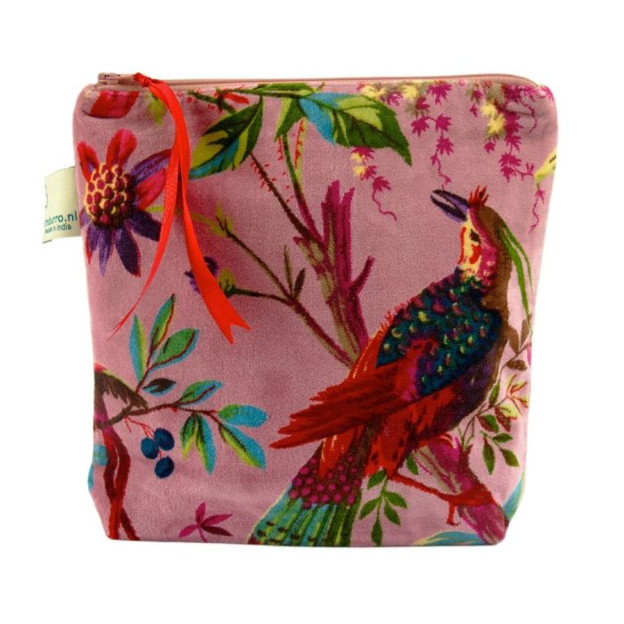 pouch-paradise-pink-rose-birds-multicolor-velvet-100%cotton